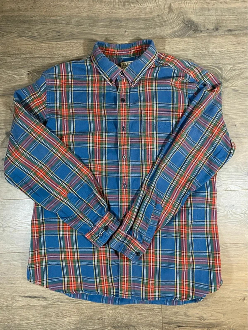 L.L.Bean Scotch Plaid Flannel Shirt Mens L Blue Red Tartan Traditional Fit